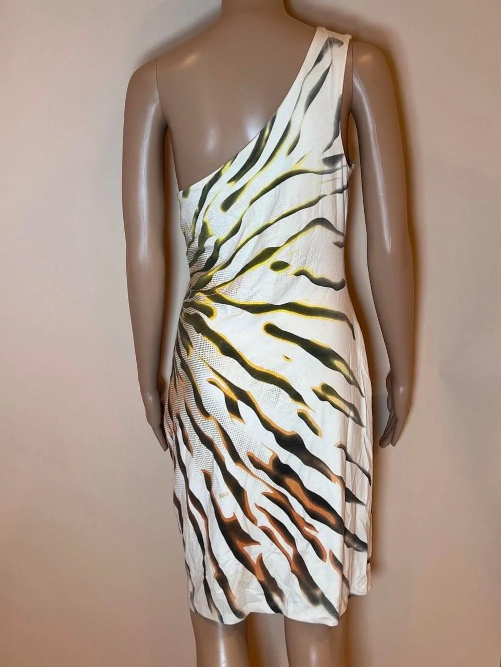 Cache One-Shoulder White Dress with Olive and Brown Abstract Print